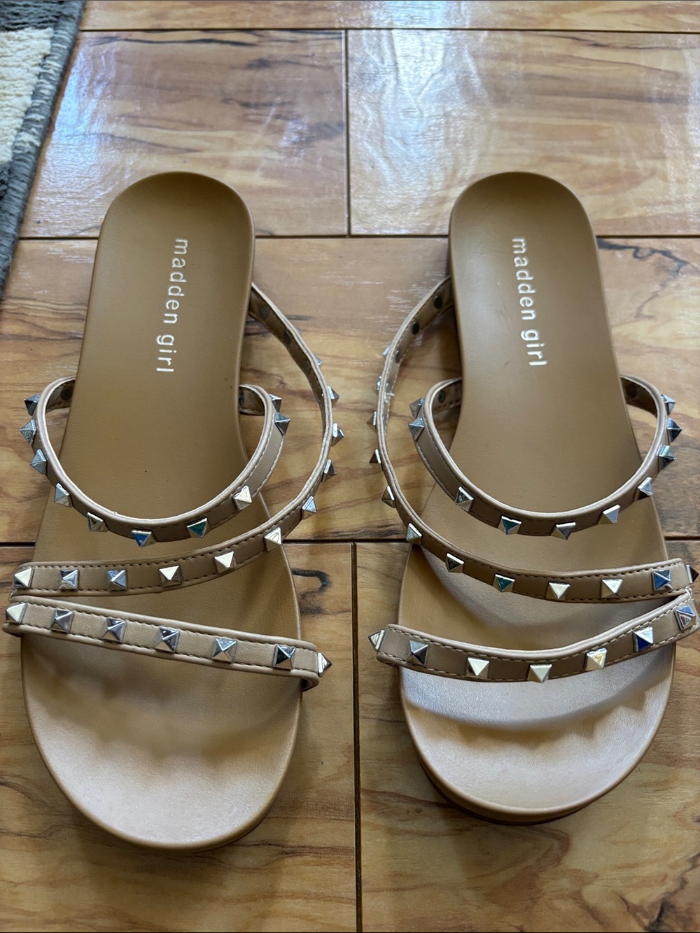 Madden Girl Tan Studded Triple-Strap Slide Sandals